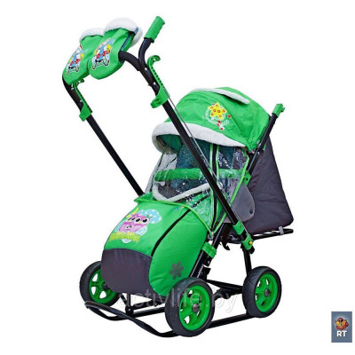Санки-коляска SNOW GALAXY City-2 Совушки на зеленом на больших колёсах Ева+сумка+варежки
