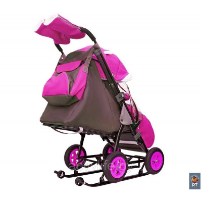 Санки-коляска SNOW GALAXY City-1-1. 2 Мишка в красном на розовом на больших надувных колёсах+сумка+варежки