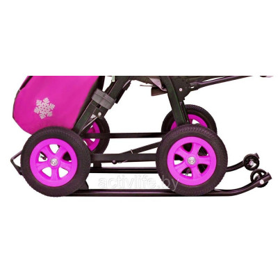 Санки-коляска SNOW GALAXY City-1-1. 2 Мишка в красном на розовом на больших надувных колёсах+сумка+варежки