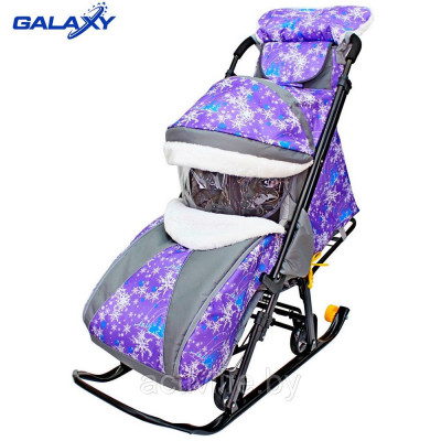 Санки-коляска SNOW GALAXY LUXE Елки на фиолетовом на больших мягких колесах+сумка+муфта