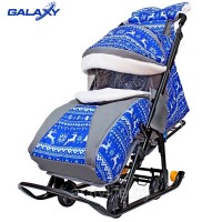 Санки-коляска SNOW GALAXY LUXE Олени на синем на больших мягких колесах+сумка+муфта